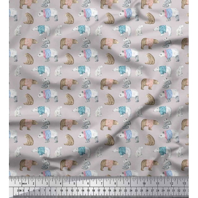 Soimoi Gray Poly Georgette Fabric Bear Animal Decor Fabric Printed Yard 42 Inch Wide