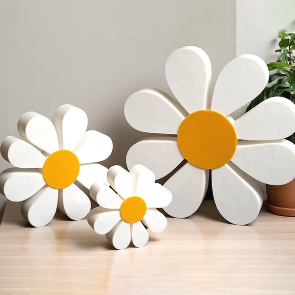 Ensemble de 3 Décorations de Marguerites 3D en Bois, Centre de Table Naturel, Jaune