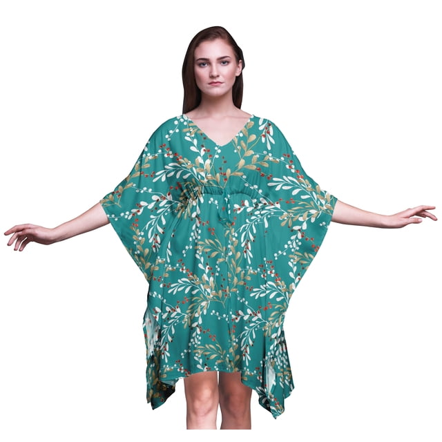 Bimba Feuilles Courte Caftan Robe Midi Plage Maillot de Bain Couvre-Maillot Femmes Caftan-S-L