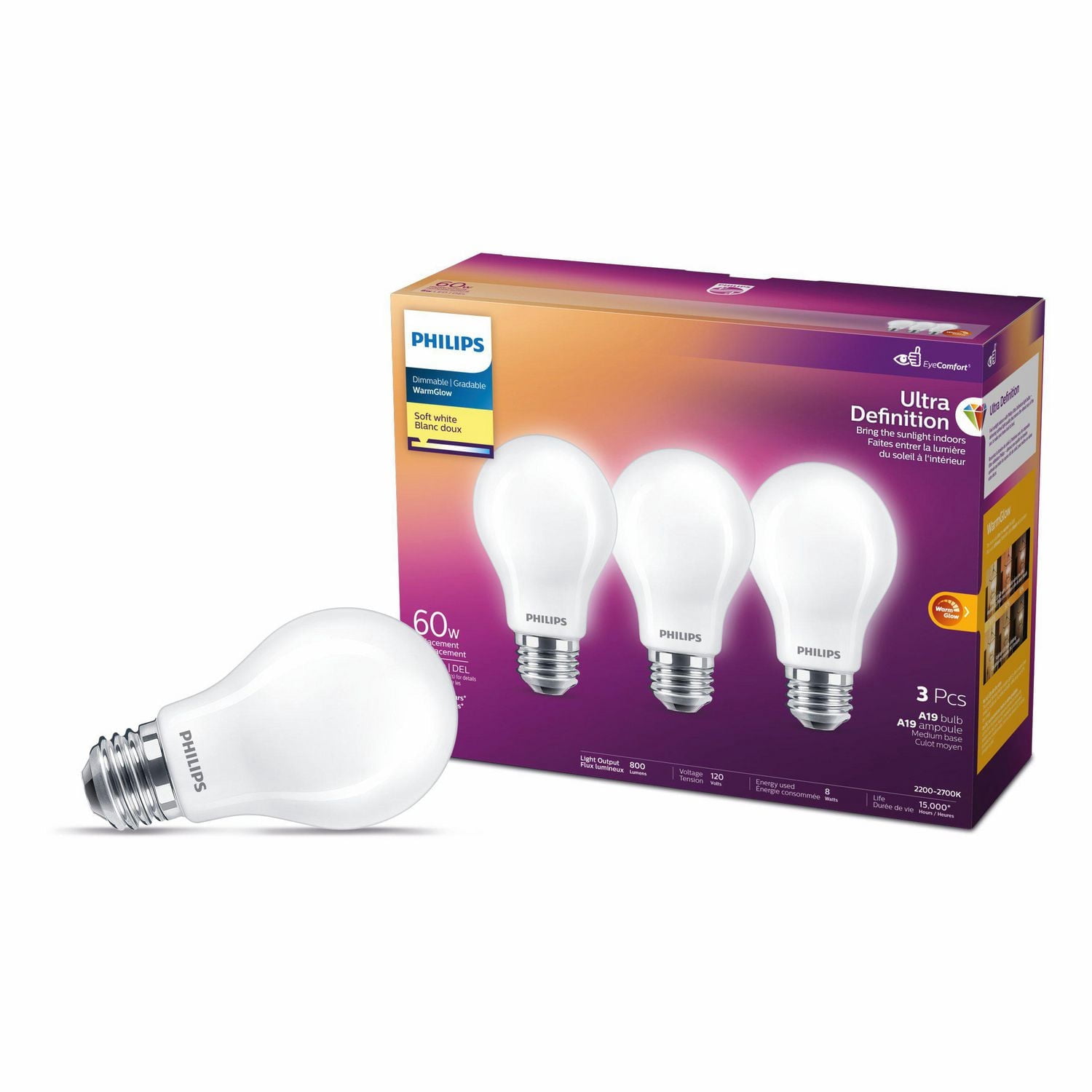 Philips LED Ultra Definition 60W A19 Soft White Glass Frosted 3-Pack
