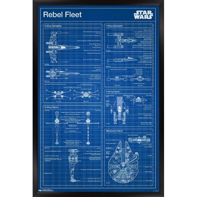 Star Wars : Saga - Affiche Murale de Plan Rebelle, 22,375 Po x 34 Po Présentant des Plans Techniques Blancs Détaillés de Vaisseaux de la Flotte Rebelle Incluant des Chasseurs X-Wing, Y-Wing, B-Wing, A-Wing et Millennium Falcon sur un Fond à Grille Bleue avec Pièces Étiquetées, art Mural Idéal pour la Déco de la Maison et les Chambres de Fans.