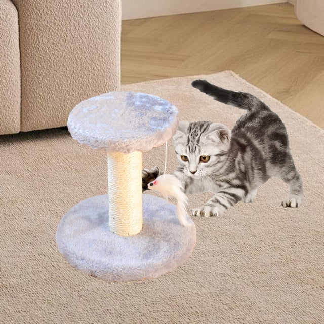 LSLJS Sisal Cats Scratching Post Cats Climbing Frame Cats Tree Small Cats Toy Cats Jumping Terrace Corpuscle Board in grey. The compact design features a sturdy wooden base, a sisal-wrapped post for scratching, and a soft platform on top. A dangling toy mouse adds interactivity. Ideal for small cats, it provides a space for scratching, climbing, and playing. Shown in a cozy indoor setting with a kitten playing nearby.