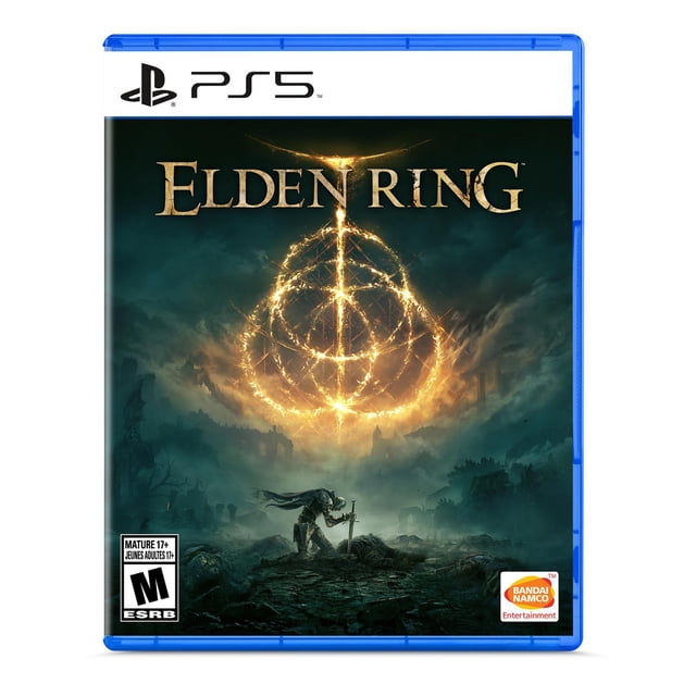 Elden Ring (PlayStation 5) Couverture de Jeu Représentant une Figurine Blindée Solitaire s'Agenouillant avec une Épée dans un Paysage Fantastique Sombre et Brumeux sous un Symbole d'Anneau Doré Lumineux, Représentant le Monde Mystérieux du JDR d'Action et Mettant en Vedette Bandai Namco.