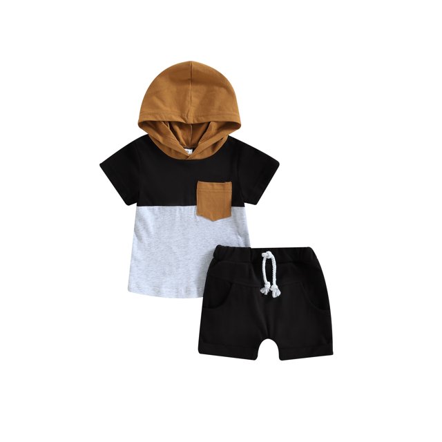xiaxaixu Kid Boy Pants Suit featuring a casual party outfit with a hooded neck short sleeve top in patch colors of black, grey, and mustard, paired with solid black drawstring shorts. Made from a soft cotton blend, this set is designed for boys aged 0-3 years and is suitable for spring, summer, and fall. The top includes a chest pocket, and the shorts have an elastic waistband with drawstrings for comfort.