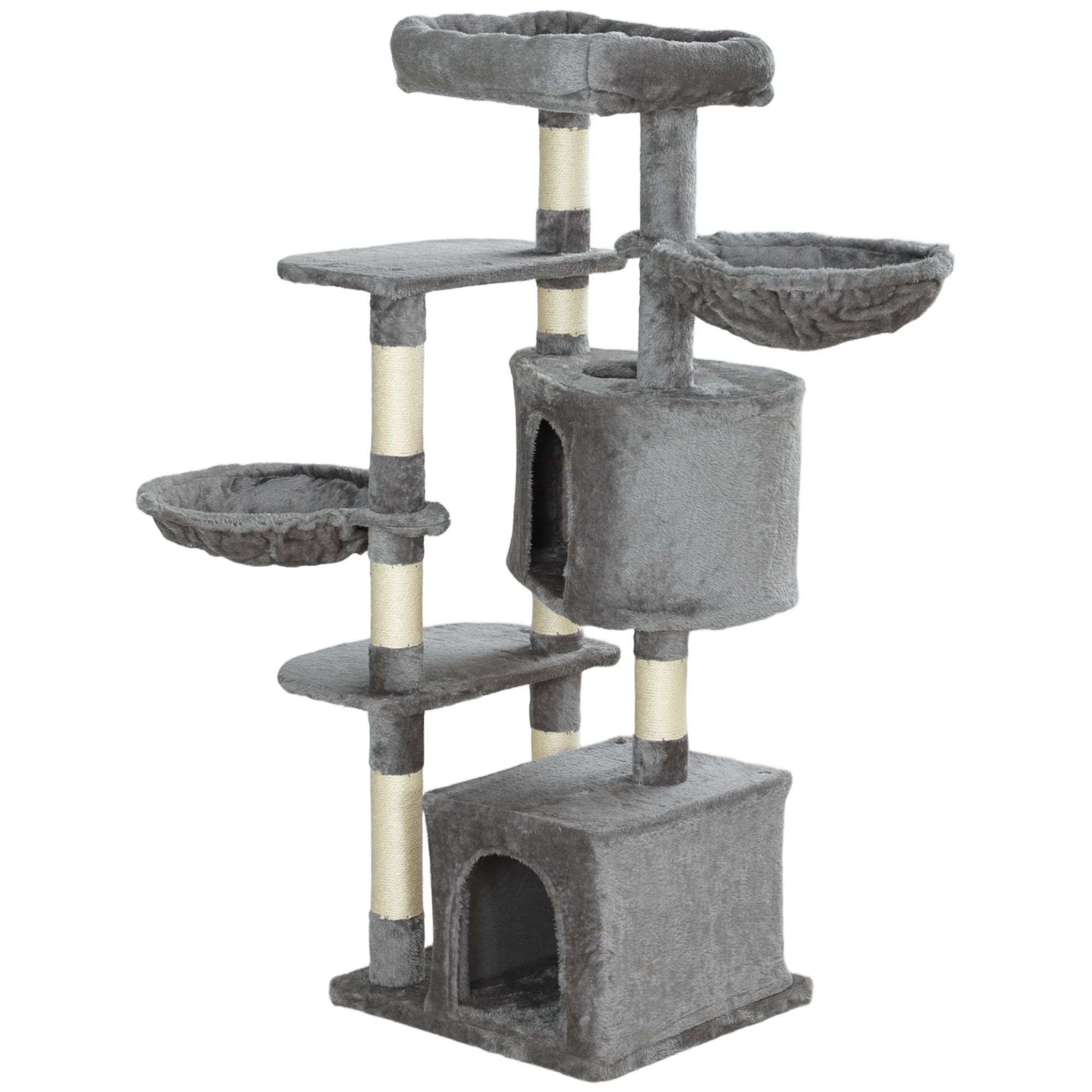 52.5" Grey Cat Tree Tower with Scratching Posts, Condo & Hammock - Indoor Cat Activity Center for Living Room & Bedroom Play