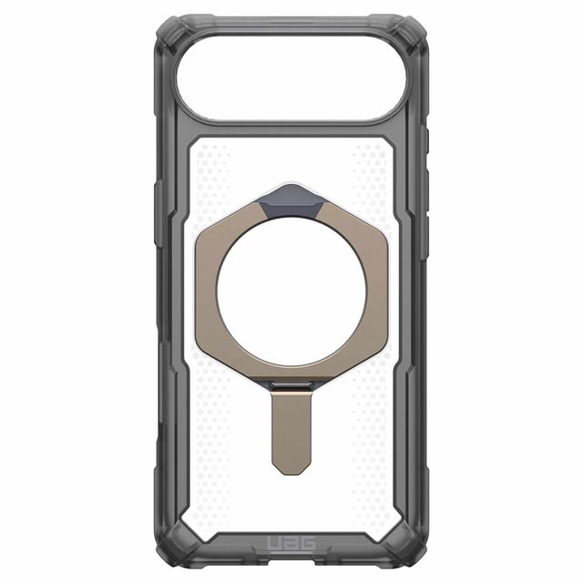 Étui Robuste UAG Plasma XTE MagSafe en Cendre/titane pour iPhone Air avec Dos composite Transparent, Pare-Chocs en TPU Antimicrobien Noir et Coins airsoft Renforcés. Comprend une Béquille Intégrée Couleur Titane avec module Magnétique MagSafe Circulaire et des Boutons Tactiles Surdimensionnés, Offrant une protection contre les Chutes de Qualité Militaire et une Vision Mains Libres sous Plusieurs angles.
