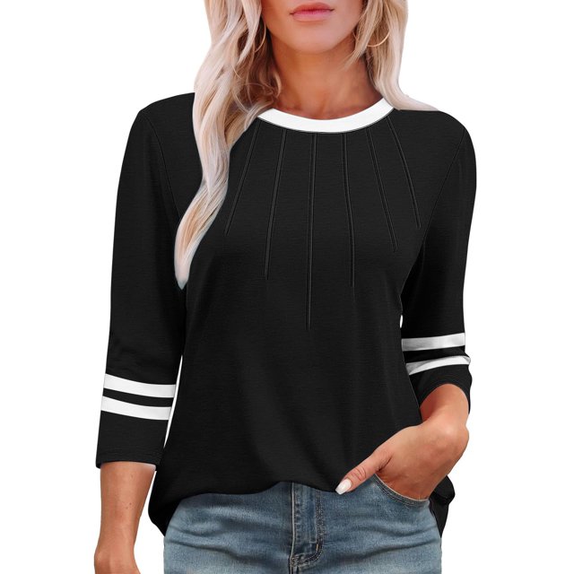 SwiftWear T-Shirts pour Femmes Manches 3/4 Tendance Été Haute Saturation Chemises Rayées Couleur Unie Tunique Décontractée Habillée