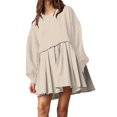 thumbnail image 2 of Womens Oversized Sweatshirt Dress Long Flowy Patchwork Pullover Tops Cute Drop Shoulder Sweatshirts Fall Long Sleeve Mini Dress Teen Girls Crewneck Solid Tunic Pleated Loose Clothing Beig, 2 of 6