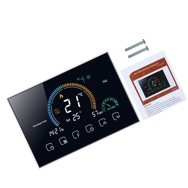 Smart Thermostat Programmable Touchscreen LCD Boiler Heating Thermoregulator with Weather Index Humidity Display for Home House Boiler Heating System Black White Silver