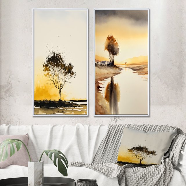 Designart "Countryside Tree Silhouette at Sunset I" Landscape Forest Framed Wall Art Set Of 2 - Country Yellow Framed Canvas Set For Living Room Decor