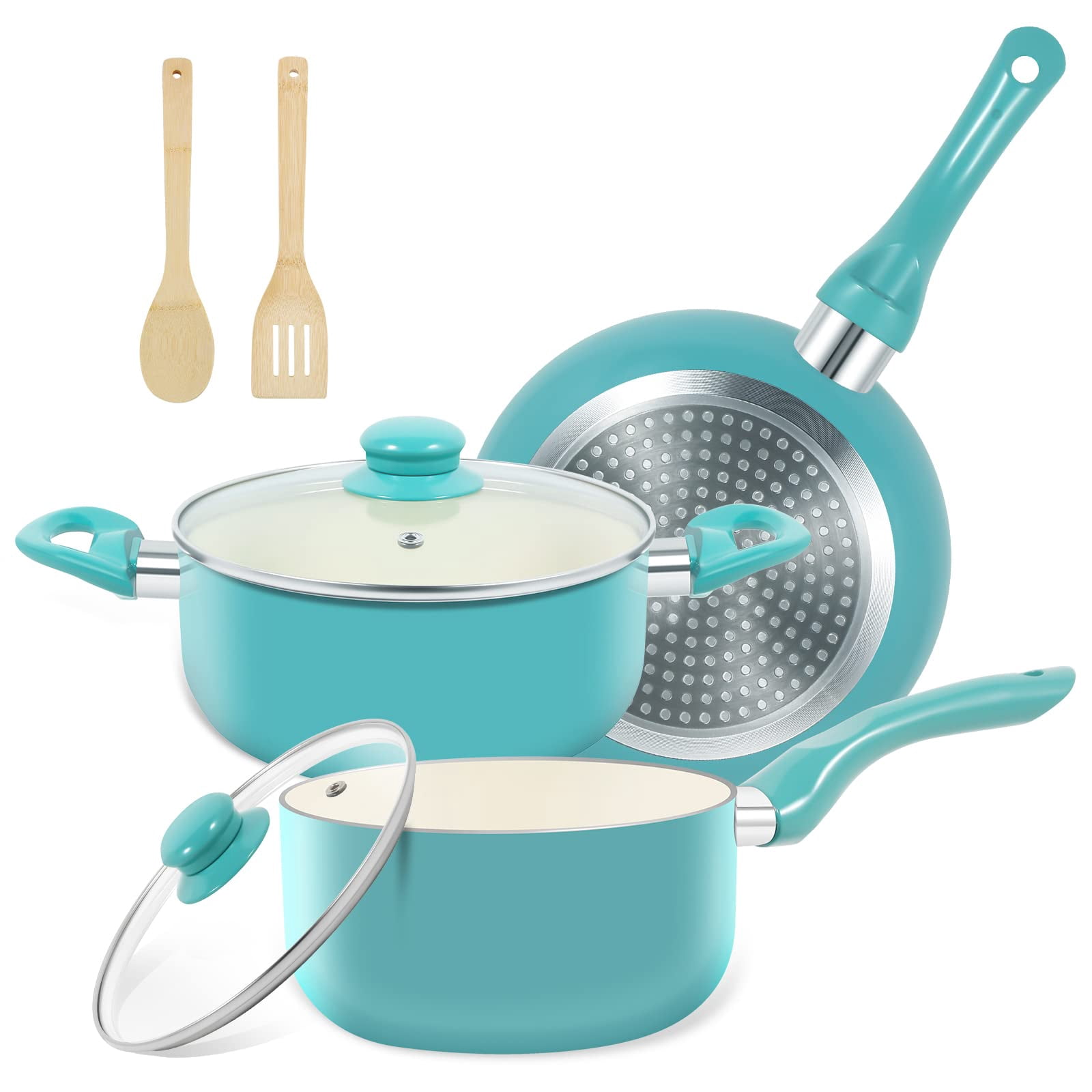 M MELENTA Pots and Pans Set, 7 Piece Nonstick Ceramic Cookware Set, Kitchen Induction Cookware Sets, Pots and Pans Non Stick with Stay Cool Handle, PFOA Free, Turquoise