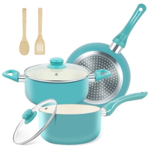 M MELENTA Ensemble de pots et de casseroles, 7 Pièces non adhésifs Céramique Ensemble d'articles de cuisine, induction de la cuisine Ensembles d'objets de cuisine et de casseroles Non-collant avec poignée de maintien, PFOA Gratuit, turquoise