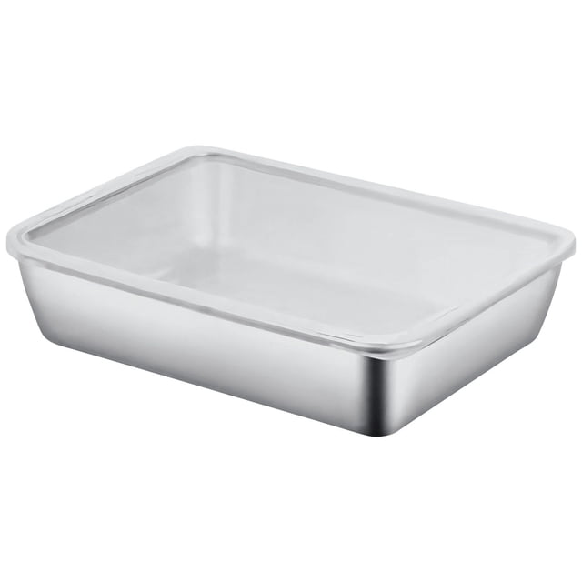 Stainless Steel Food Container with Lid, measuring 10x7.9x2.2 inches, featuring a silver rectangular design with rolled edges for safety and a clear plastic airtight lid for leakproof storage. Ideal for kitchen organization, meal prep, fridge storage, and oven use. Often used for outdoor picnics or serving appetizers.