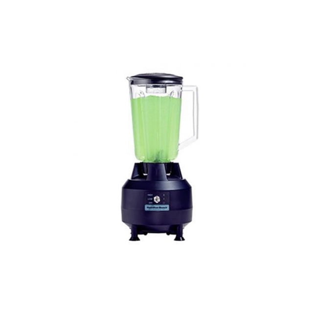Hamilton Beach® 908 Commercial Bar Blender with a 0.375 hp motor and a 44 oz polycarbonate container. Features a durable rubber clutch, high/low/off toggle switch, and measurement marks for easy filling. The blender is shown with a green liquid inside the container, placed on a white background.