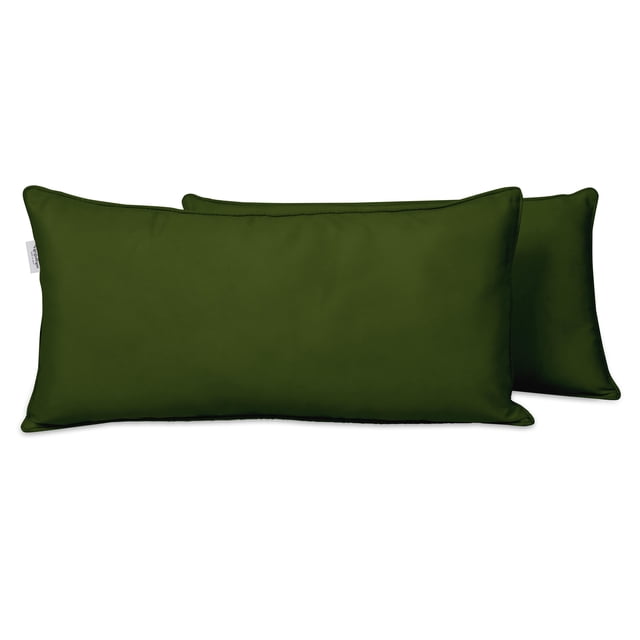 Vargottam Indoor/Outdoor Polyester Fabric Lumbar Pillow Cover, a set of two rectangular cushion cases in dark green, measuring 16 x 24 inches. These all-weather, waterproof covers are designed for patio furniture and feature a durable, fade-resistant polyester fabric. The covers include a zipper closure for easy insertion and washing. Suitable for both indoor and outdoor use, they resist weather and fading in sunlight.