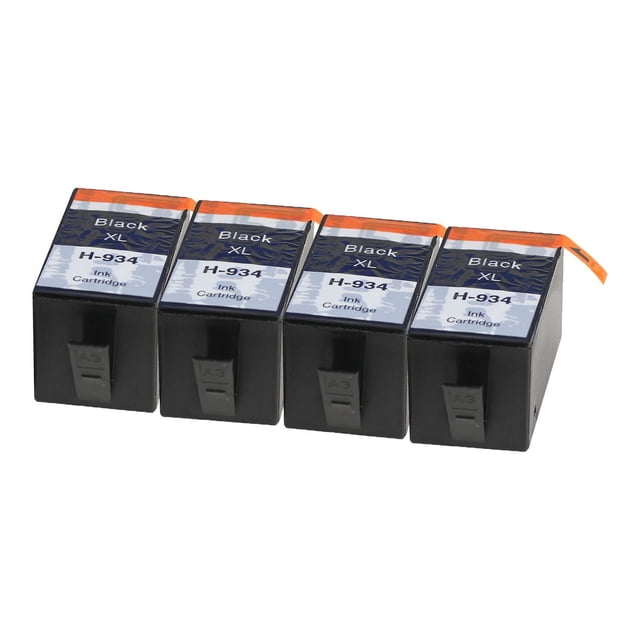 L-ink 4 Pack Compatible Black Ink Cartridge 934XL (C2P23AN) with four black rectangular printer ink cartridges labeled Black XL H-934 Ink Cartridge, arranged side by side on a white background, compatible with LaserJet Pro and OfficeJet Pro printers, delivering clear, crisp print quality and high page yield.