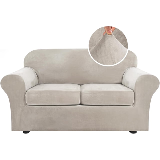 Modern Velvet Plush 4 Piece High Stretch Sofa Slipcover Furniture Protector Form Fit Luxury Thick Sofa Cover, shown in a light neutral tone. The slipcover includes a base cover and three separate cushion covers, crafted from soft velvet plush fabric. A close-up inset highlights the stretchy and durable material. Designed to fit sofas with a sitting width of 72-90 inches, it features an elastic band for a secure fit. Suitable for both leather and cloth furniture, it offers full protection against stains and wear while enhancing home décor. Machine washable for easy maintenance.