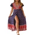 thumbnail image 1 of Femmes V-Cou Floral Split Robe Boho Été Plage Décontracté Longue Robe de Soleil, 1 of 2