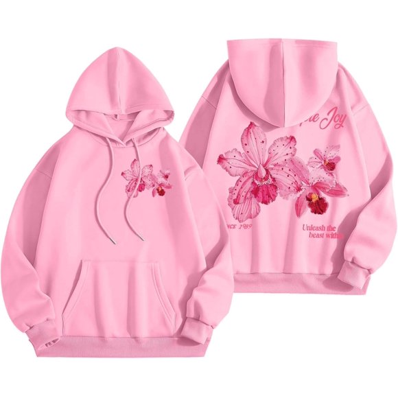 Palm Puff Oversized Hoodies for Women, Teen Girls Preppy Sweatshirt Long Sleeve Y2K Graphic Tees with Pockets, Z01 Pink, Large