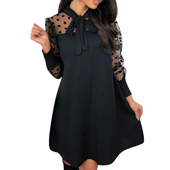 TopLLC Long Sleeve Round-Neck Dress Fashion Women Hollow Out Loose Comfy Bowknot Long Sleeve Dress Women Dress