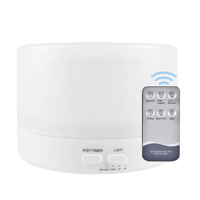 500ml Premium Essential Oil Diffuser with remote control, featuring a white plastic cylindrical design. Includes mist and timer controls, LED light settings, and a remote control for adjusting mist modes, lighting, and timer functions. Offers quiet operation below 35dB and auto-off safety for water shortage protection. Ideal for aromatherapy and humidifying spaces.