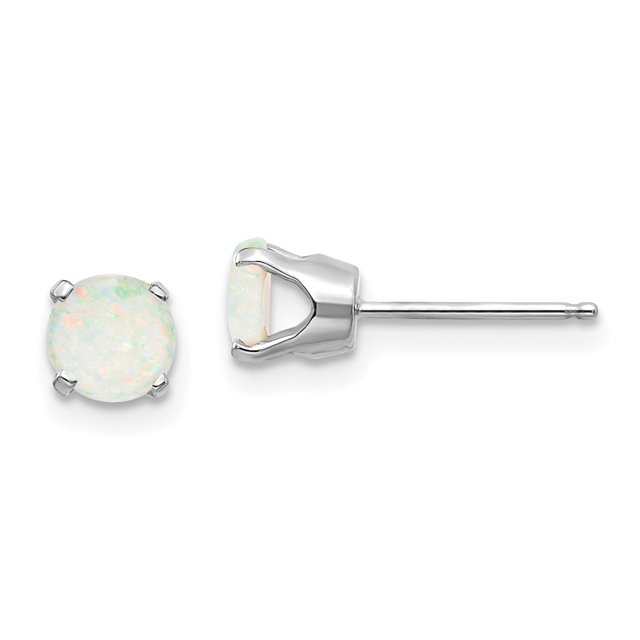 Boucles d'Oreilles Clous en or Blanc 14K de 5 mm en Opale Conçues pour Femmes, Présentant des Opales cabochon Rondes Naturelles avec un Ensemble de Phénomènes Multicolores en or Blanc Rhodié. Ces Boucles d'Oreilles Légères avec Fermoir à Tige et à Poussoir, les Rendant Idéales comme Cadeau de Bijoux Ou Accessoire pour Pierre de Naissance d'Octobre.