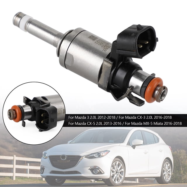 Fuel Injector PE01-13-250C for Mazda 3, CX-3, CX-5, and MX-5 Miata 2.0L engines (2012-2018). High impedance injector matches OEM specifications for coil resistance and fuel flow rate, enhancing fuel delivery system efficiency, MPG, and response time. Includes one injector with connectors and seals visible.