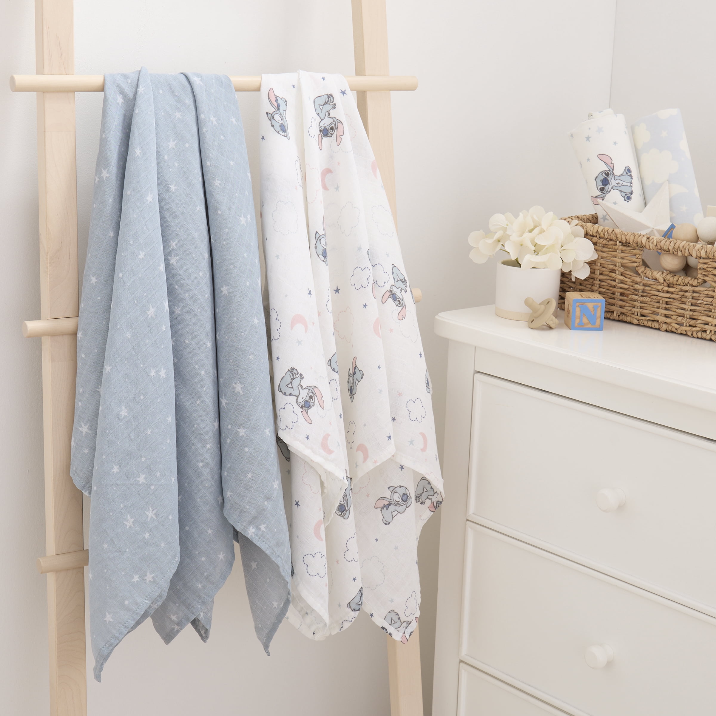 Disney Stitch 2pk Muslin Swaddle, 100% Cotton, Blue, Infant Boy