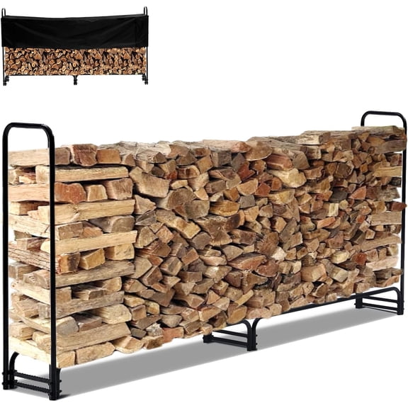 QinaQin 8.5 FT Heavy Duty Outdoor Firewood Rack with 600D Waterproof Cover Steel Storage in Black