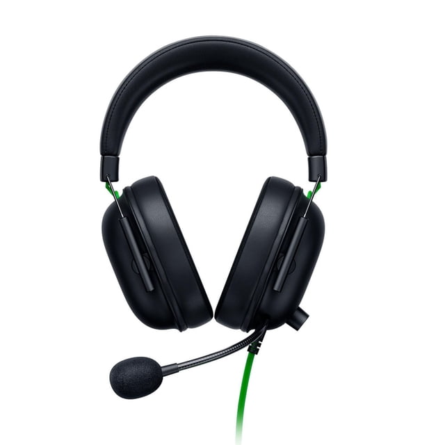 Razer Blackshark X V2 Headset (PC) with black breathable memory foam oval ear cushions and padded headband, front-facing view showing flexible unidirectional boom microphone with foam windscreen and green 3.5mm analog cable, suitable for esports audio and clear voice communication.
