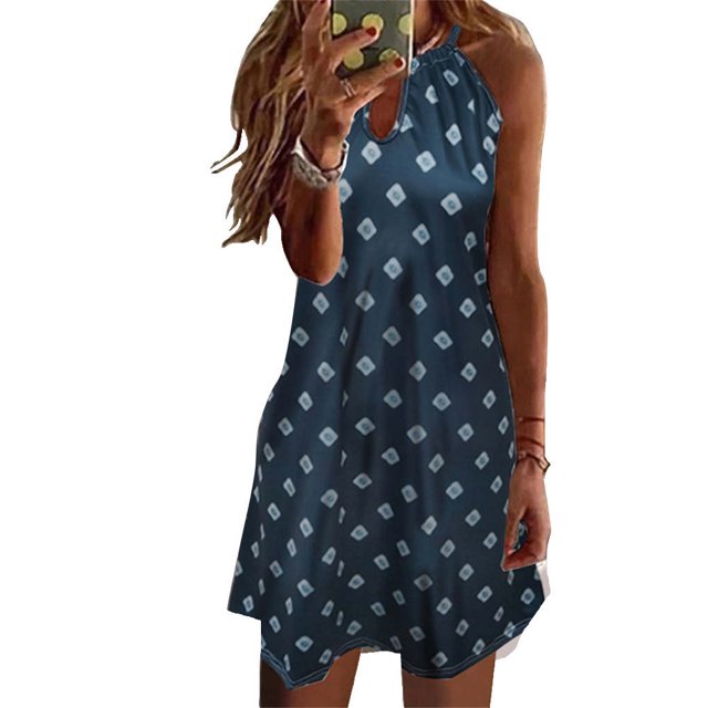 Langgg Robe Courte Décontractée Imprimée Sans Manches Esthétique Élégante Mignonne Robe de Plage Vacances Club Vêtements d'Été Bleu Foncé L
