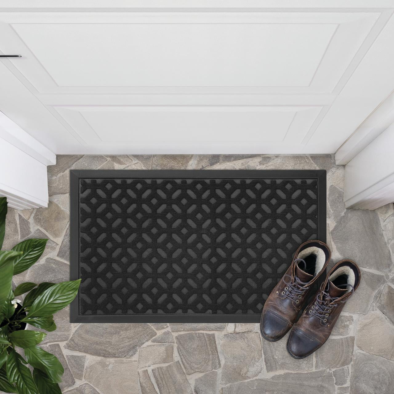 Mainstays 18x30 Heavy-Duty Rubber Doormat, Water-Resistant, Geometric Relief, Black Onyx, for Front Door, Garage, Mudroom, Patio