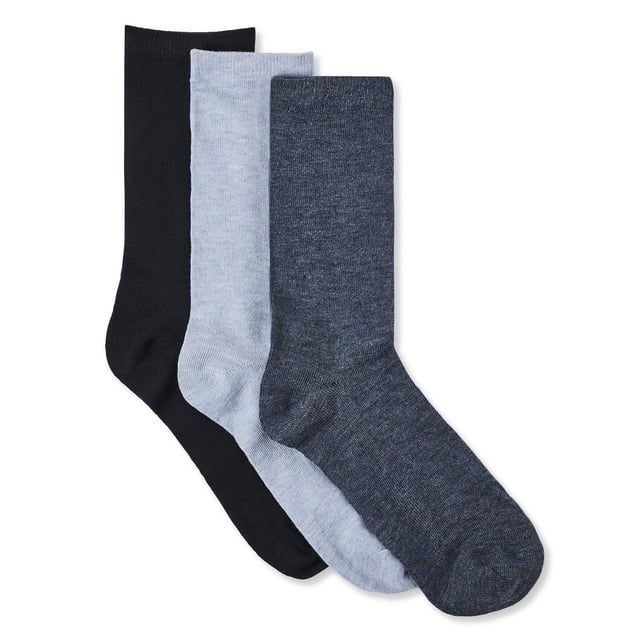 George Women's Crew Socks 3-Pack featuring three pairs of casual crew socks in black, light grey, and dark grey, made from a polyester and spandex blend for comfort and stretch, displayed flat on a white background, suitable for everyday wear.