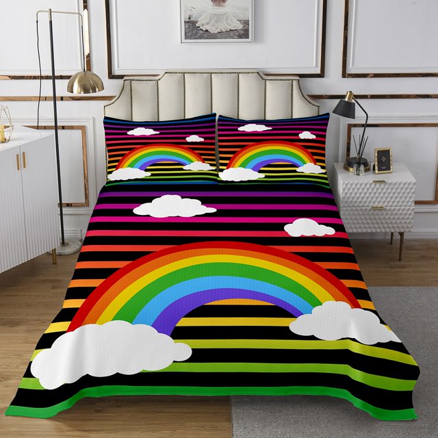 Erosebridal Kids Cartoon Rainbow Coverlet Set King, Gradient Stripes Bedding Set, Cloud Room Decor, 3-Piece