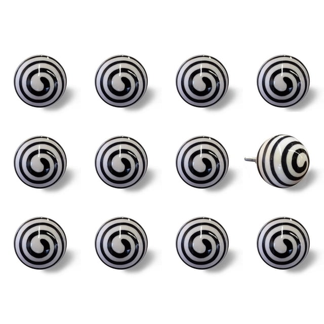 KNOB-IT vintage handpainted ceramic knobs 12-pack featuring black and white spiral design on 1.5-inch diameter round ceramic tops with 1.25-inch bolts, suitable for cabinets, drawers, and cupboards, arranged in three rows on white background.