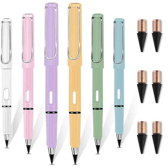6pcs Everlasting Pencil set featuring six inkless pencils in assorted pastel colours, each with a metal tip and screw interface design. Includes six replacement nibs and built-in erasers. These HB medium-point pencils are made of plastic and metal, offering a comfortable grip and durable, erasable writing suitable for various paper types. Ideal for writing, sketching, and drawing.