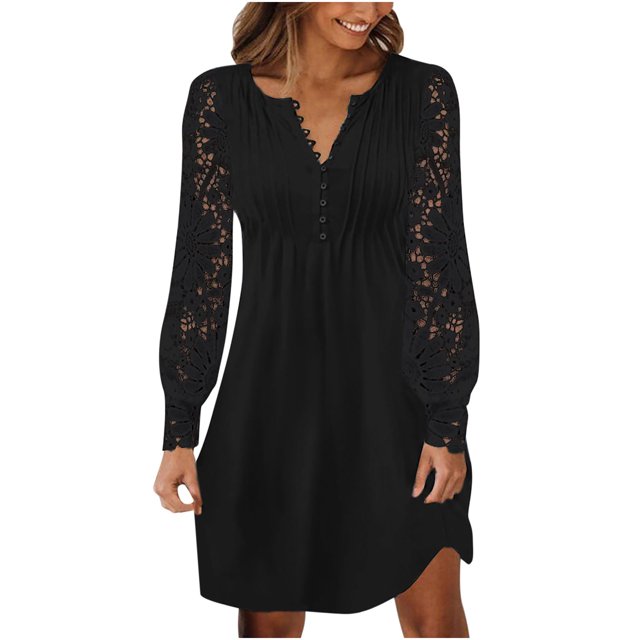 Birdeem Robe Ample Décontractée pour Femme à Col en V, Manches Longues, Taille à Boutons, Couleur Unie
