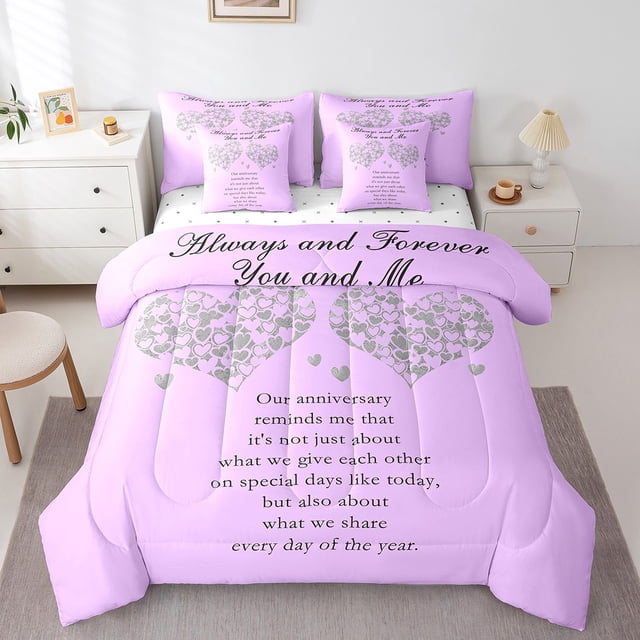 Erosebridal Ensembles de Literie à Imprimé Cœur d'Amour Format Simple, Ensembles de Douillette Romantiques de la Saint-Valentin avec Draps, Violet, Réversible