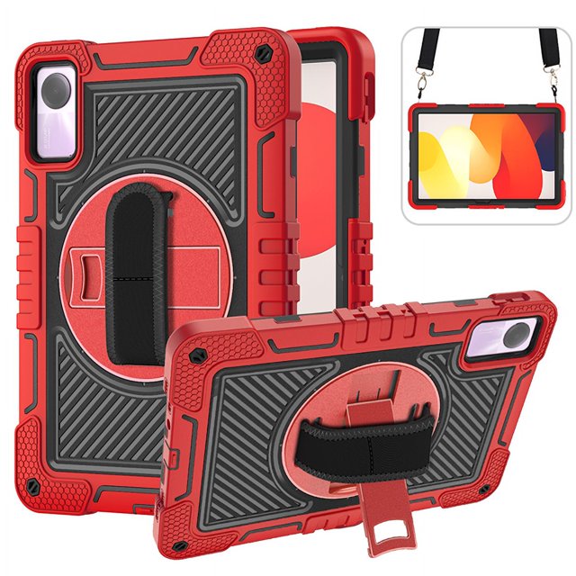 For Xiaomi Redmi Pad SE 11 Inch 360 Rotating Tablet Case Kids Safe Cover With Hand Shoulder Strap 3-Layers Protection Funda Capa Red-Black Redmi Pad SE 11 inch