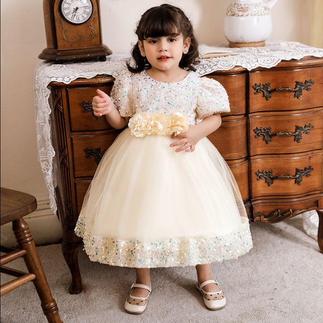 Robe Mi-Mollet à Manches Courtes et Col Rond, Tenue Formelle pour Enfants Incluant de Longues Robes Florales, Robes de Princesse, Robes à Fleurs pour Enfants, Robes de Mariage, Etc.