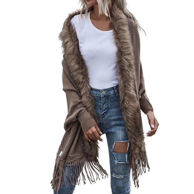GDREDA Womens Solid Color Collar Cloak Knitted Capes Shawl Tassel Open Front Cardigans Sweater Coat Workout Clothes