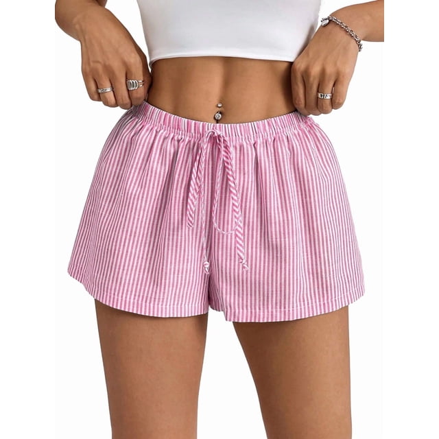 Women'S Striped Print Drawstring Elastic Waist Shorts Casual Wide Leg Low Rise Summer Boxer Shorts Rose Red S