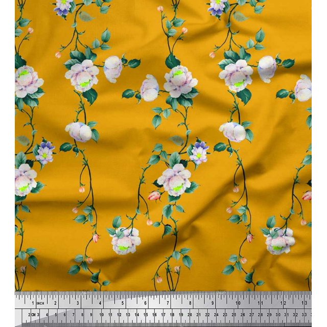 Soimoi Polyester Crepe Fabric Leaves & Peony Floral Decor Fabric Printed Yard 42 Inch Wide