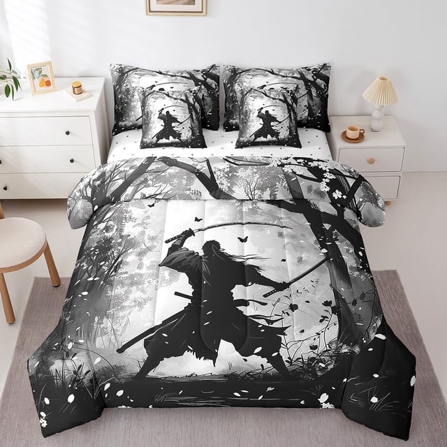 YST Samurai Ensemble de Literie Imprimé, Style Asiatique, 7 Pcs, Culture Orientale, Double