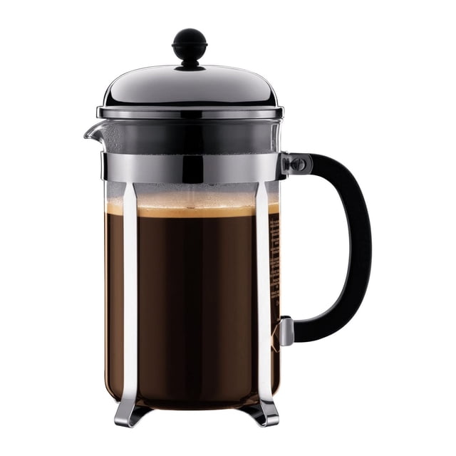 Chambord French Press Coffee Maker, 51 oz., chrome-plated stainless steel frame and lid with heat-resistant borosilicate glass carafe filled with coffee, featuring a black matte polypropylene handle for comfortable grip, designed for brewing full-flavor coffee without paper filters and often used for steeping loose leaf tea.