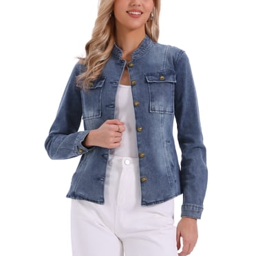 INSPIRE CHIC Women's Denim Jackets Stand Collar Long Sleeves Short Jean Jackets Deep Gray Blue S