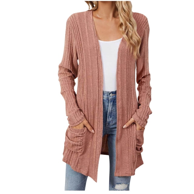 cfhntfmh Womens Casual Cardigan Ribbed Knit Open Front Long Cardigans Lounge Long Sleeve Sweater Outwear with Pockets
