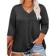 thumbnail image 2 of Plebaso Womens Plus Size Tops 3/4 Sleeve V Neck Casual T Shirts Loose Solid Color Button down Blouses Tees, 2 of 7