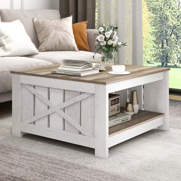 DEXTRUS Table Basse avec Rangement, Table Basse Carrée en Bois Style Ferme avec Porte de Grange pour Salon, Gris Lavé