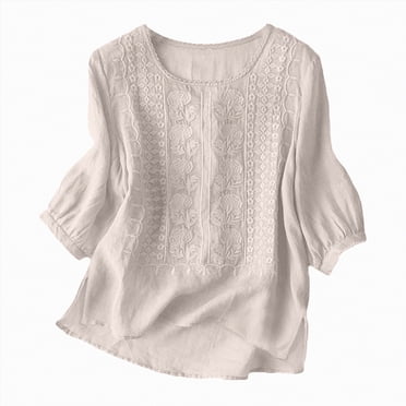 Splozh Hauts d'Automne pour Femmes 2025 Chemises en Lin pour Femmes Rétro Broderie Été Amples T-Shirts à Manches 3/4 Tuniques Hauts Blouses Décontractées Vêtements Boho Kaki,m